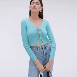 Everlane The Cotton-Merino Ribbed Front-Tie Top in Blue Size Medium